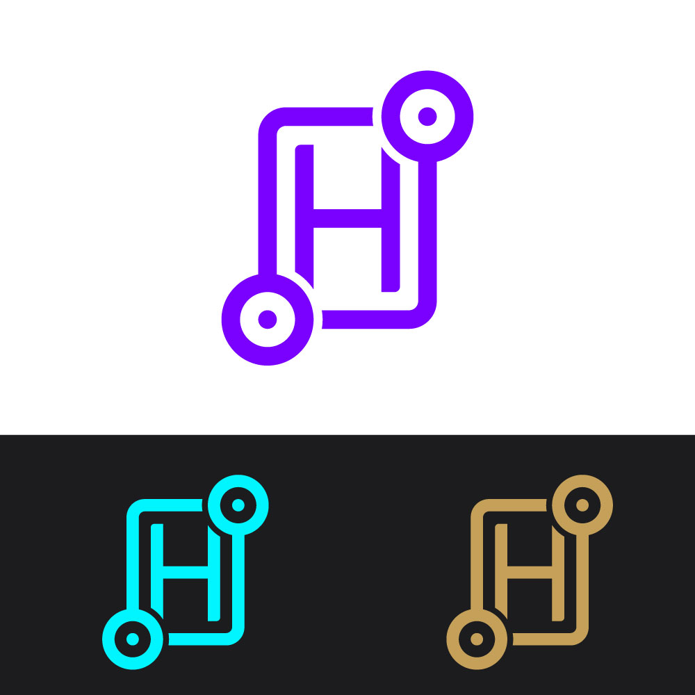 Letter H Technology Logo with Network Circuit Nodes and Data Line Icon