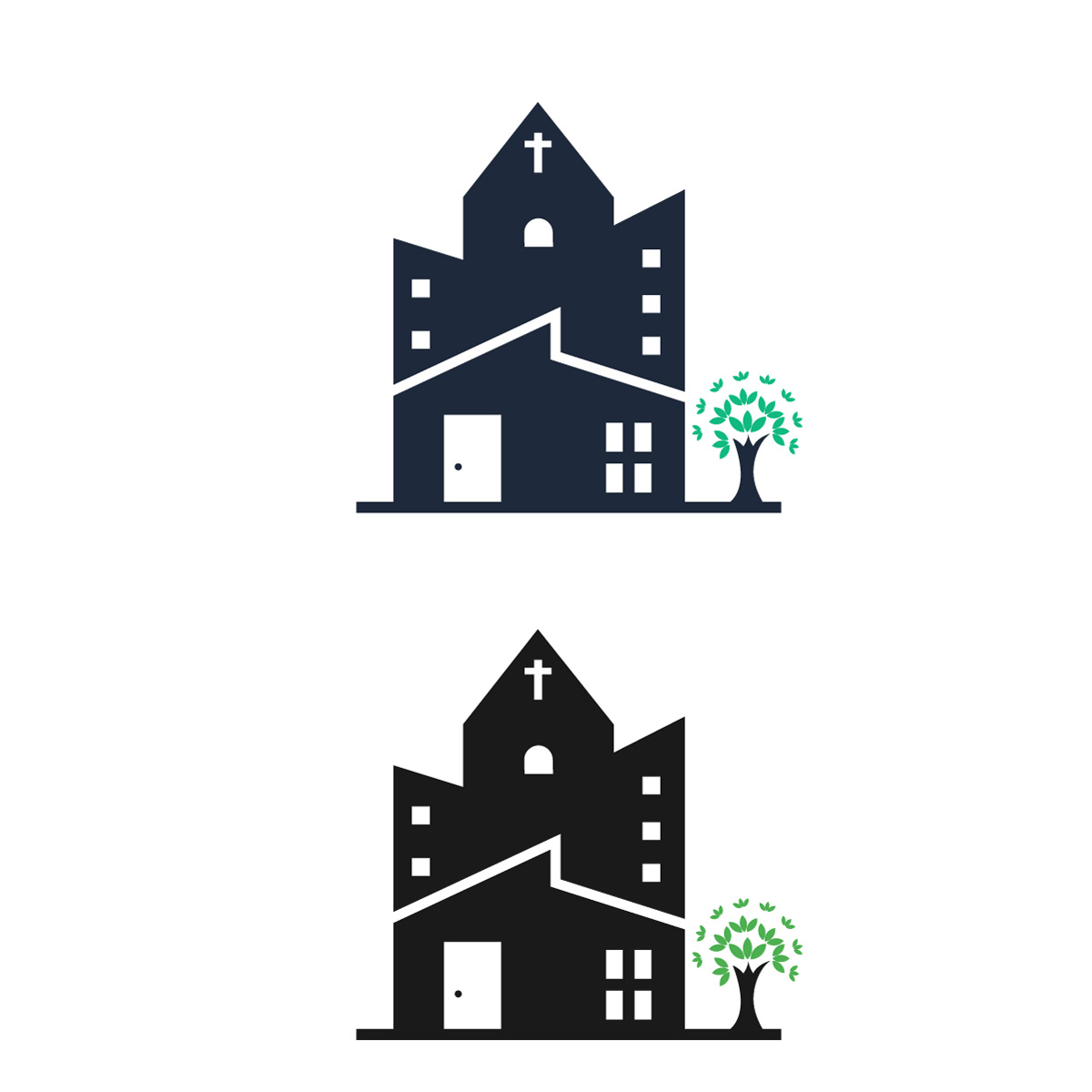 Christian Church Building and Green Tree Vector Icon