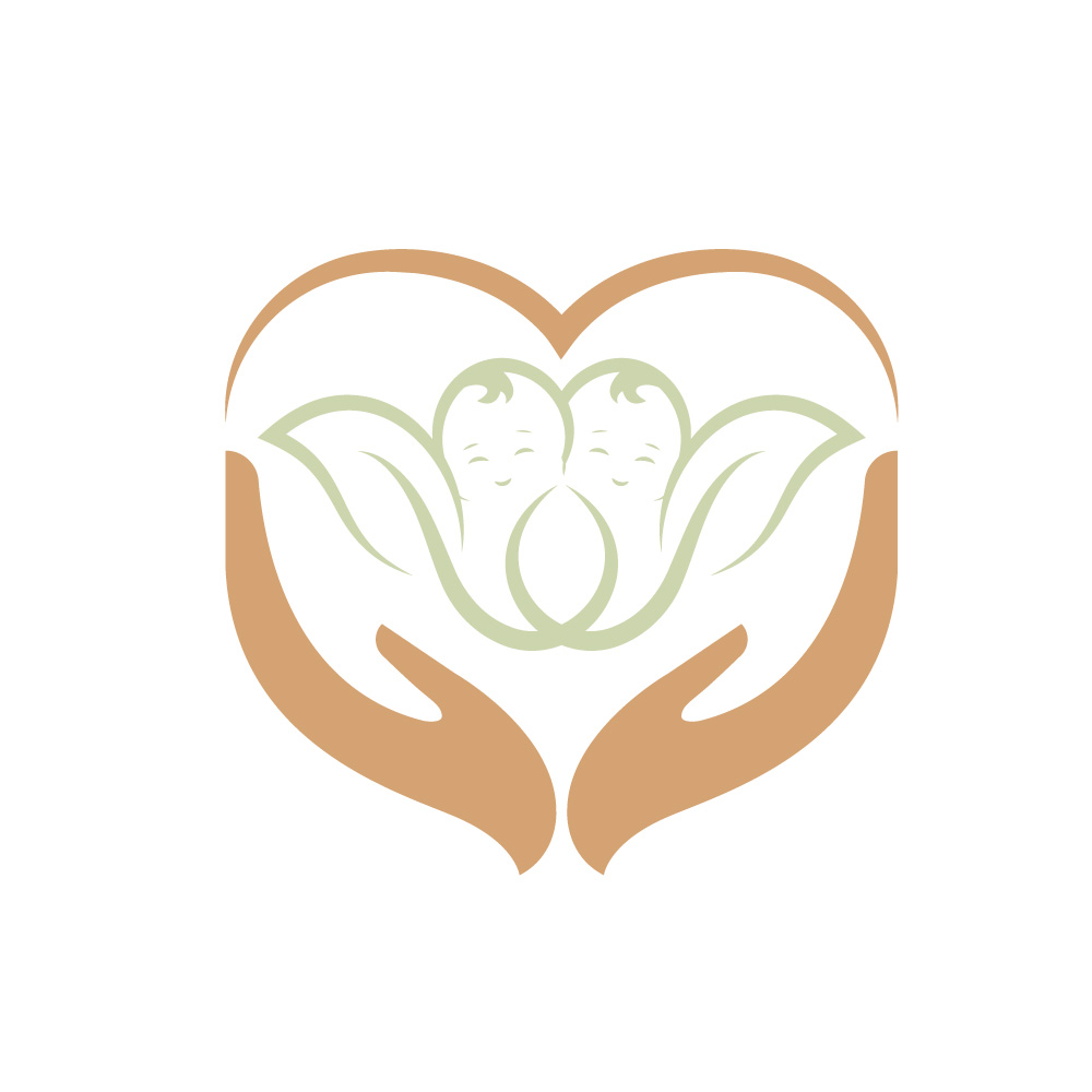 Cute Twin Babies Care in Heart Hands Vector Logo