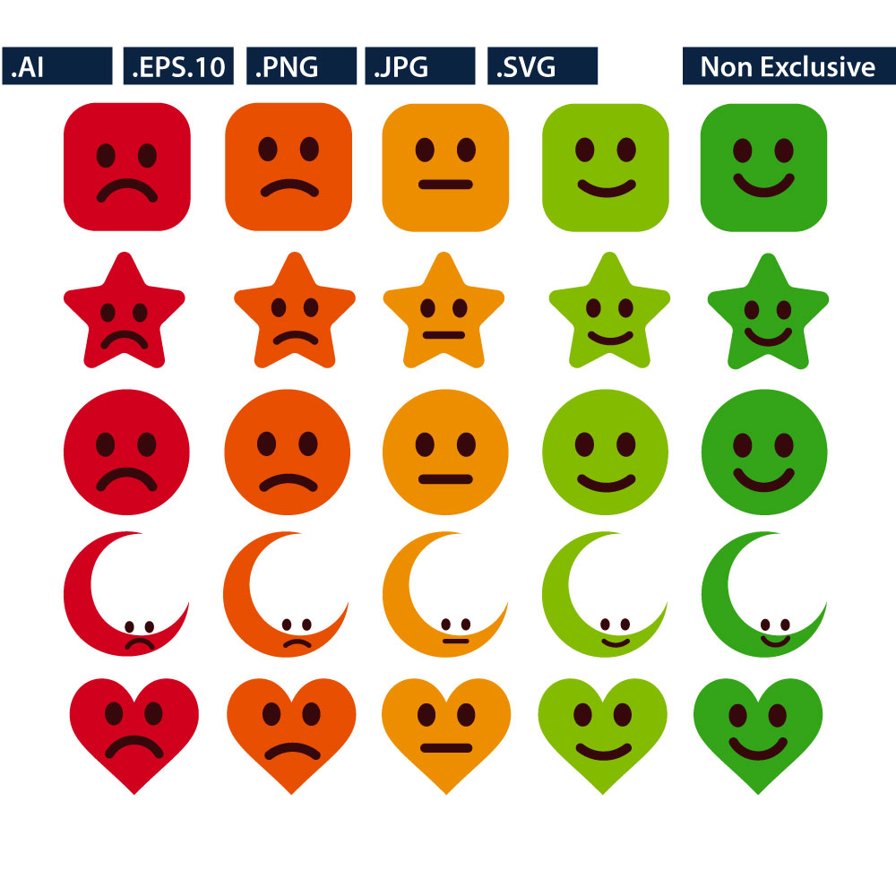 Customer Feedback Emoticons Set, Colored Rating Icons with Star, Heart, Square, and Moon Shapes