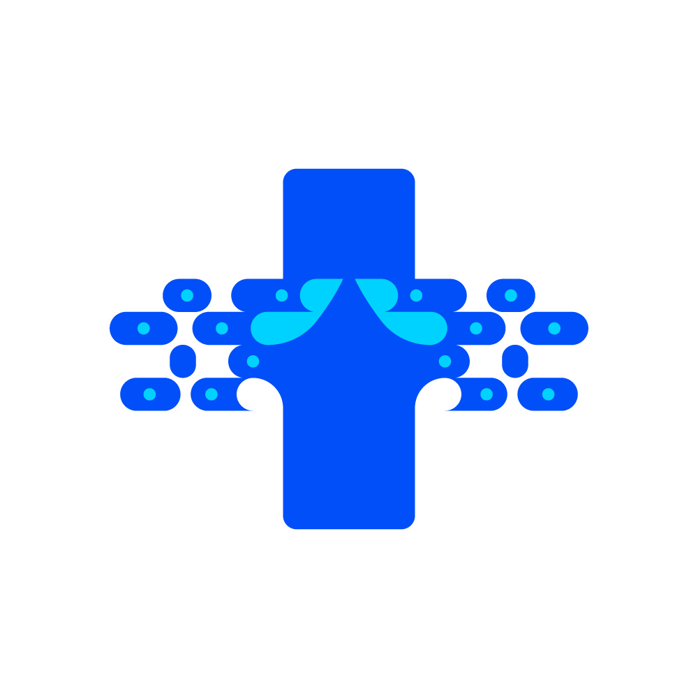Medical Tech Logo Design with Cross and Digital Pixel Dots