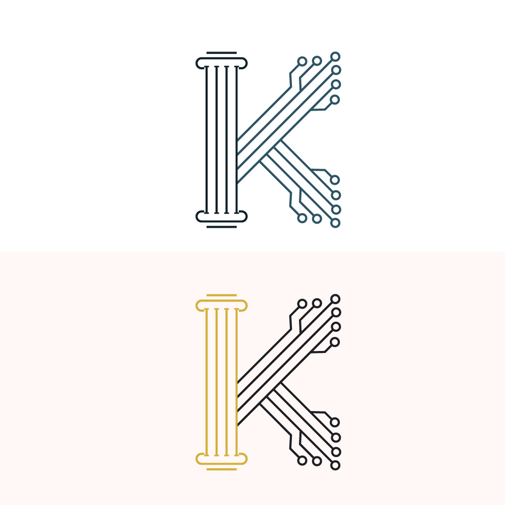Tech Law Letter K Logo - Financial Pillar and Circuit Board Monogram Vector